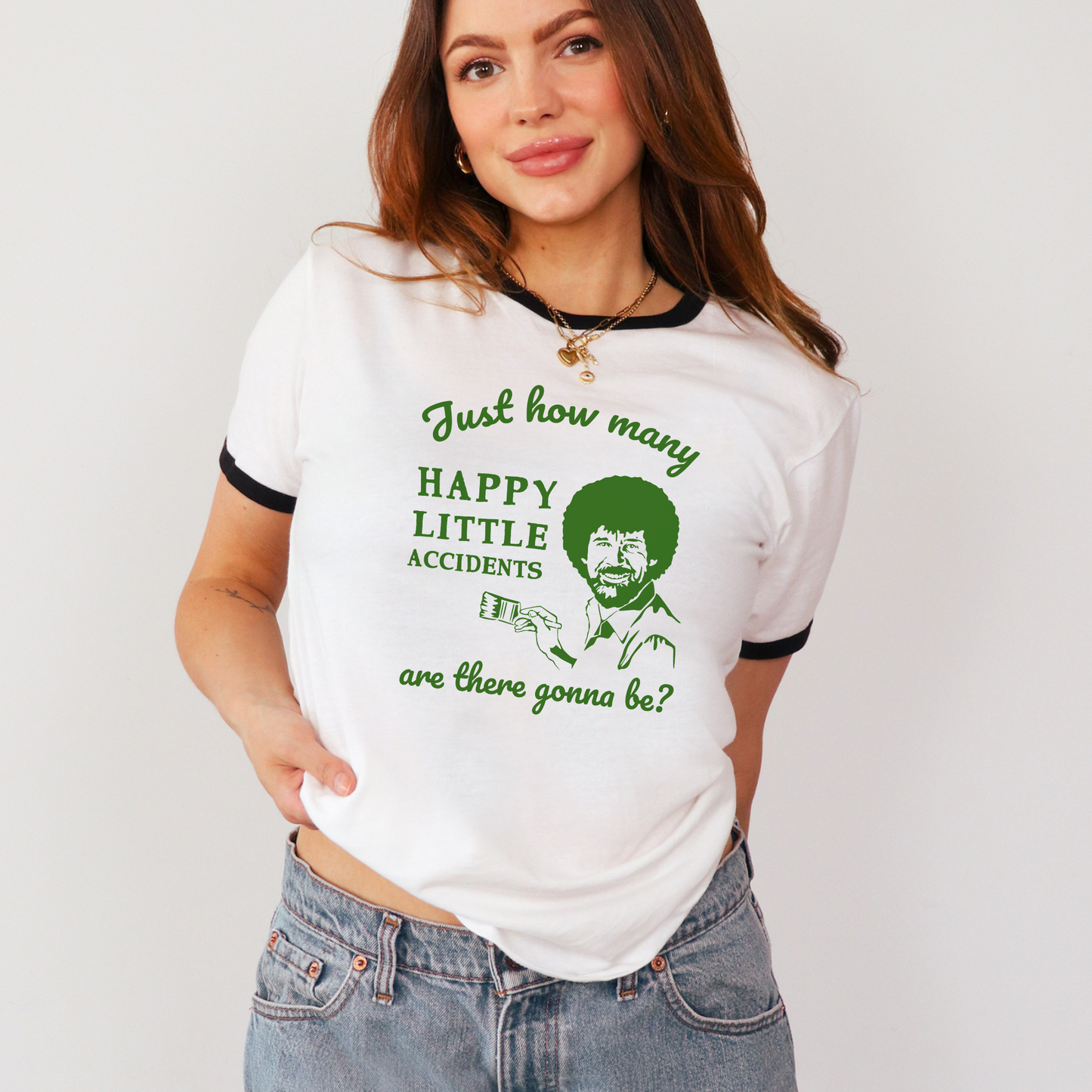 Bob Ross Happy Accident Inspired Next Level Ringer Unisex Cotton Tee in 3 Classic Colors