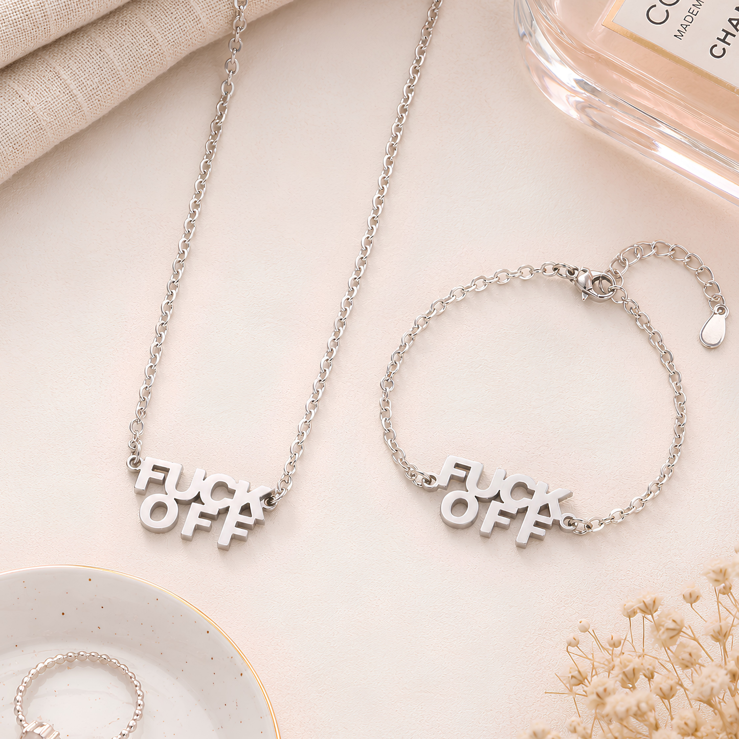 Fuck Off Silver Jewelry Necklace, Bracelet or Set with Black Velvet Gift Bag