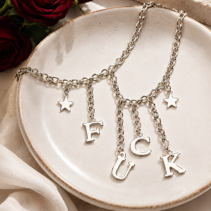 FUCK Charm Silver Chain Choker Necklace with Black Velvet Gift Bag