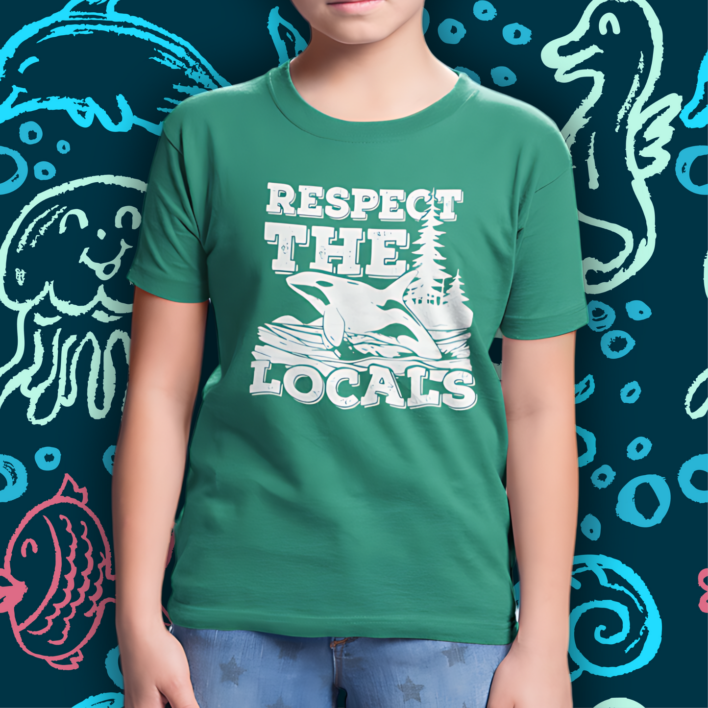 Respect the Locals Orca Design Youth Kids T-Shirt-Back-to-School for Ocean Lovers