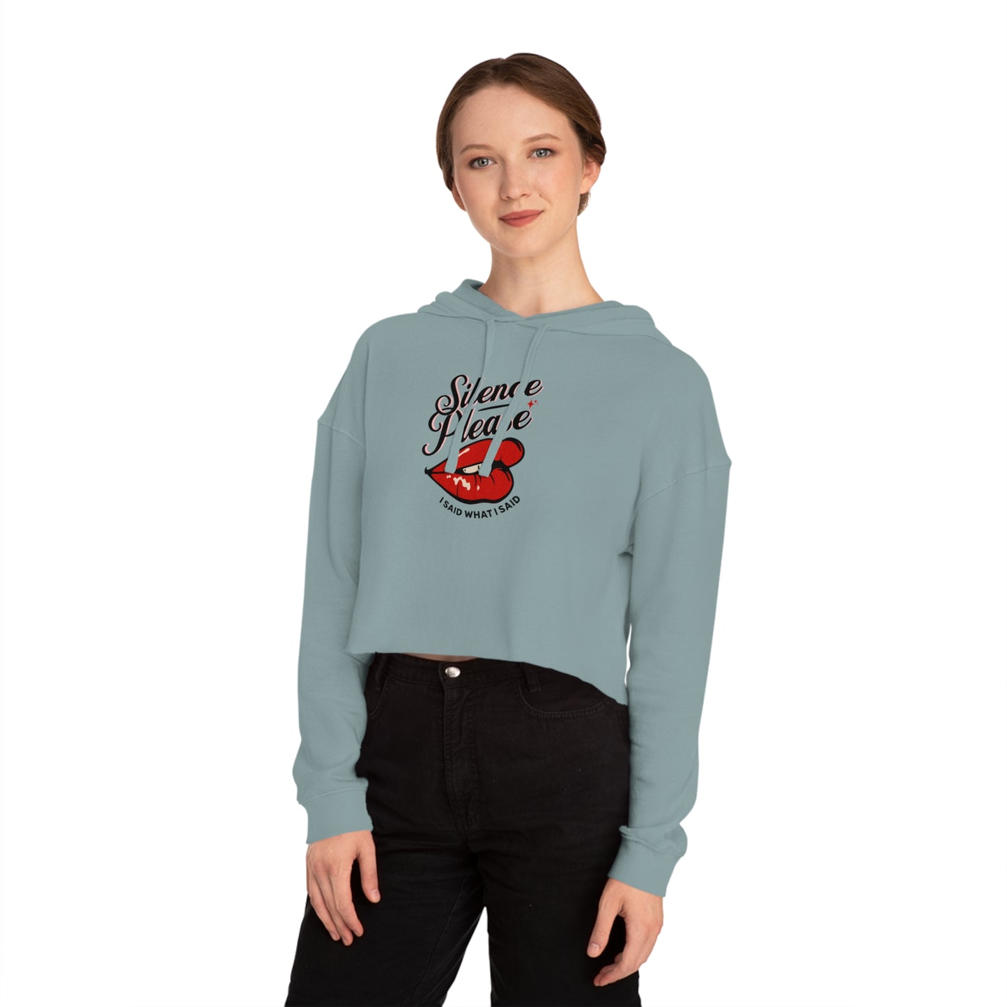Retro Tattoo Classic Red Lips, Silence Please Women’s Cropped Hooded Sweatshirt