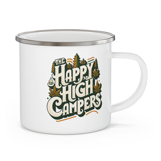 Happy High Campers Enamel Mug: Retro Cannabis Camping Nostalgia