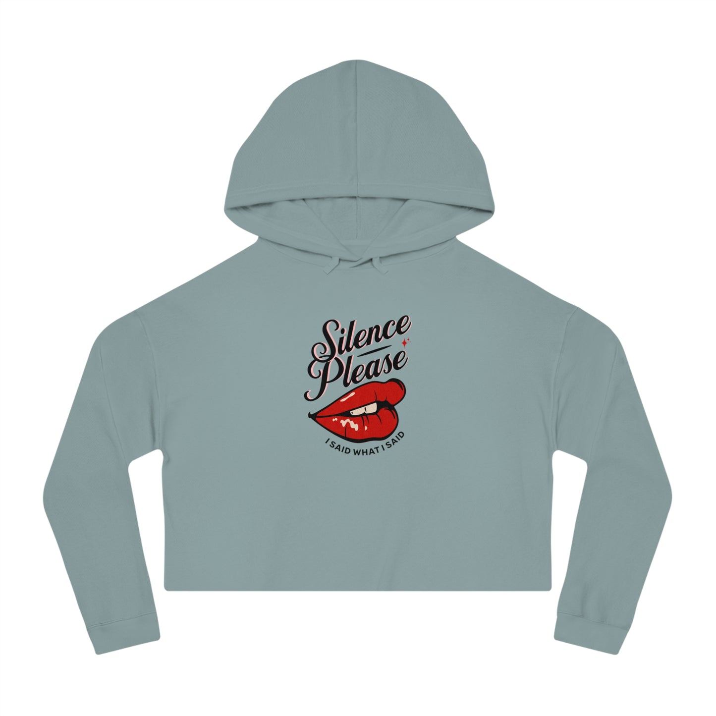 Retro Tattoo Classic Red Lips, Silence Please Women’s Cropped Hooded Sweatshirt