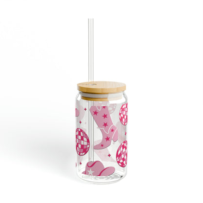 16oz Libby Glass with Pink Disco Cowgirl Design - Made in USA, BPA-Free"