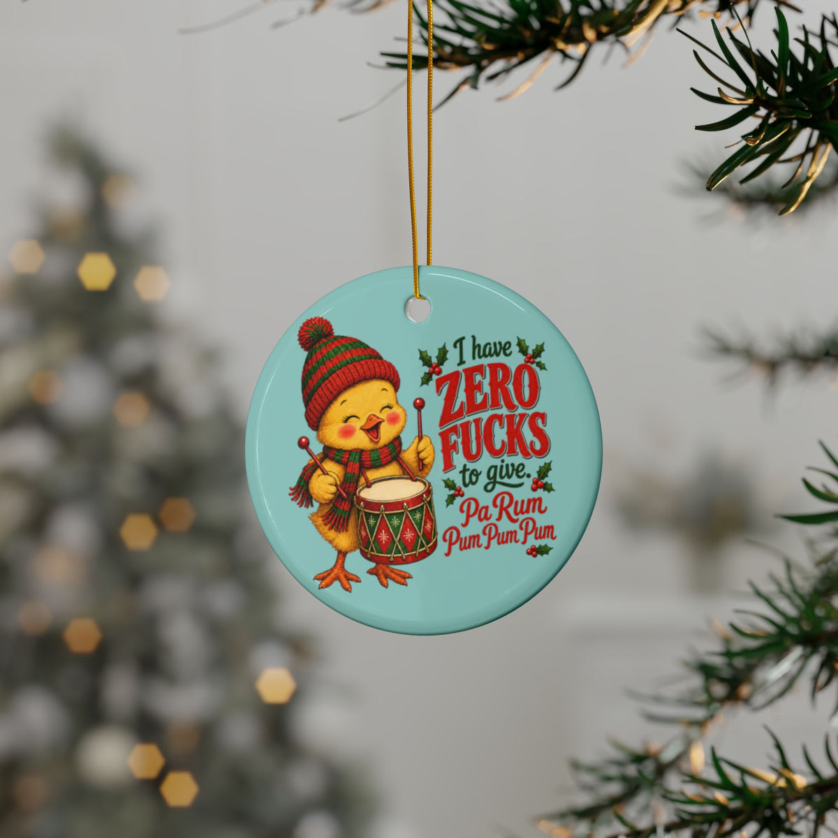 Funny Christmas Ornament – “I Have Zero Fucks to Give” Drummer Chicken Holiday Decor