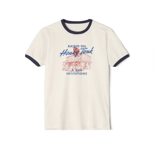 Raised on Honky Tonk & Bad Intentions Ringer T-Shirt - Retro Country Style Tee, Vintage Graphic Tee, Unisex Graphic Tee, Music Lover Gift