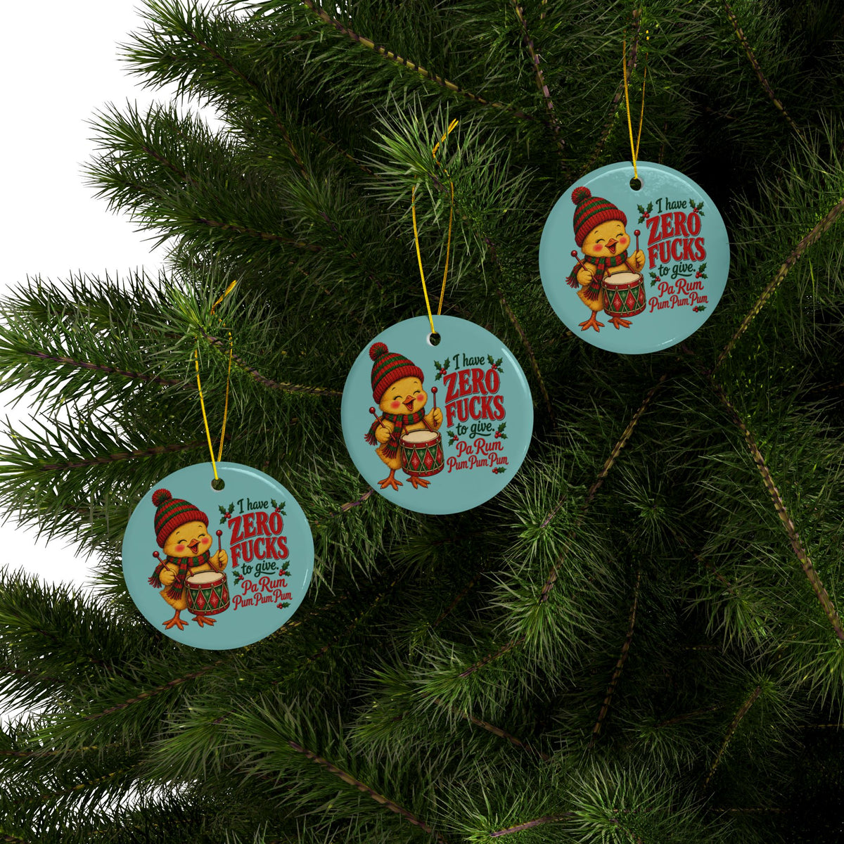 Funny Christmas Ornament – “I Have Zero Fucks to Give” Drummer Chicken Holiday Decor