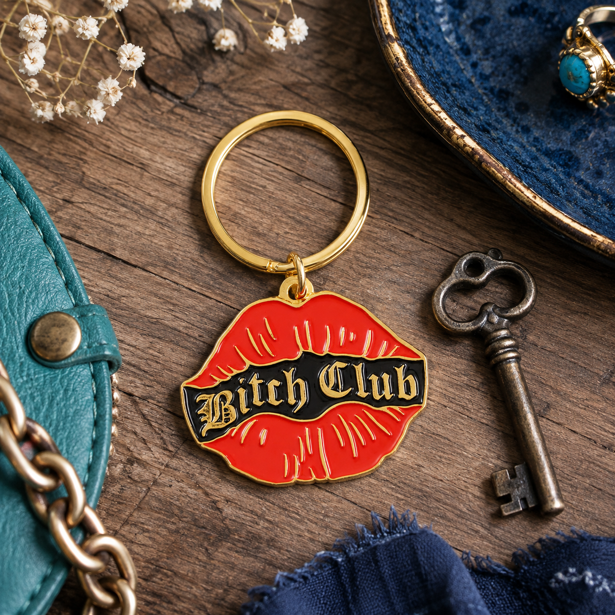 A lip-shaped enamel keychain with the words 'Bitch Club' in black gothic lettering on a red lips background, attached to a gold key ring. The keychain is styled on a rustic wooden surface with a vintage key, blue fabric, and other decorative props.