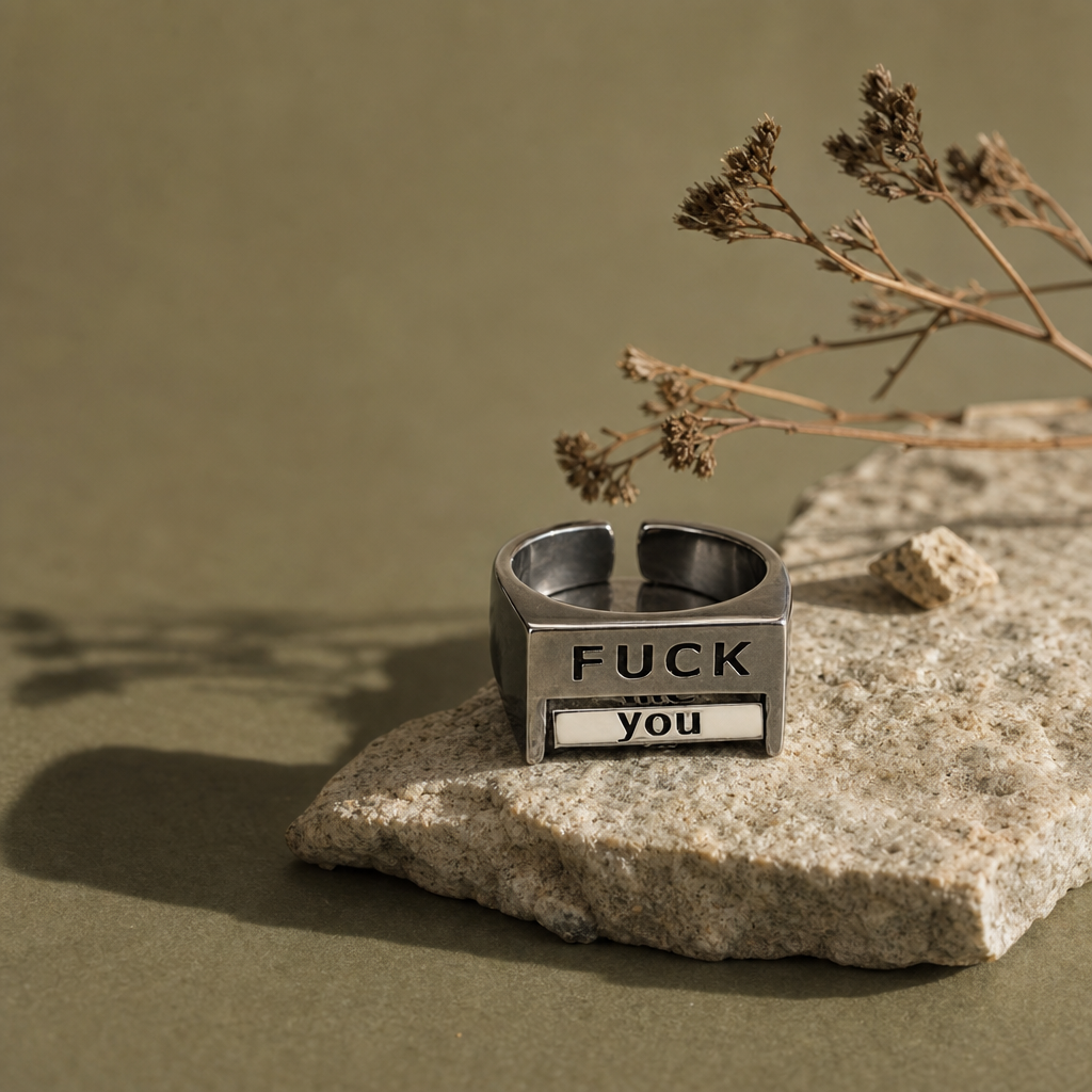 A silver-toned open-band ring engraved with the words 'FUCK you' sits on a rough stone against a muted olive background with dried plant stems.