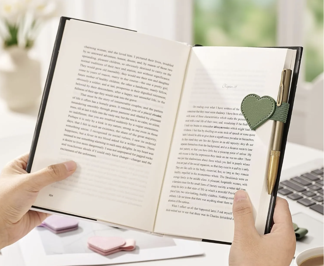An open journal or diary held in two hands, showing printed pages with a green heart-shaped leather bookmark and a gold pen attached on the right page. The background is softly blurred with hints of a desk and small pink items.