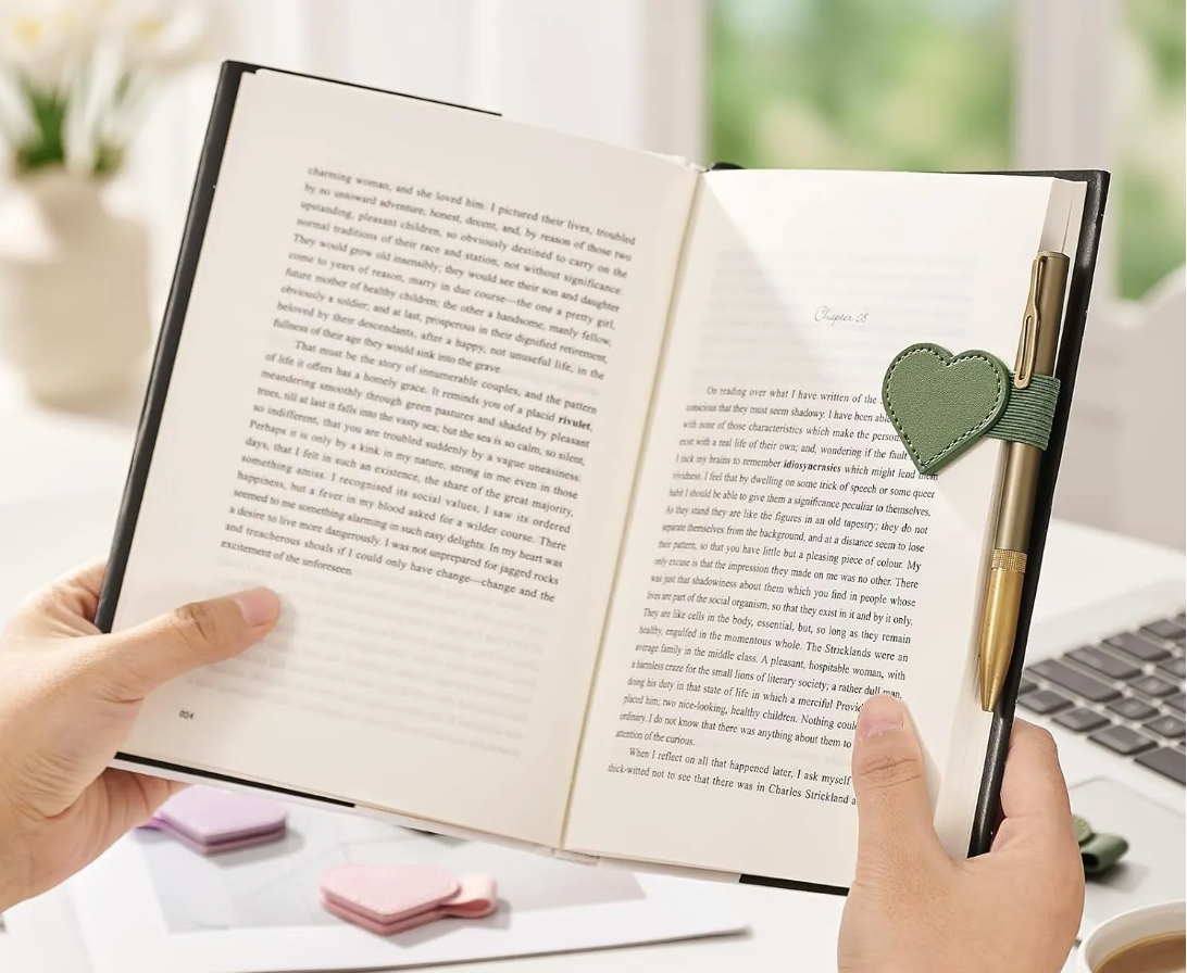 An open journal or diary held in two hands, showing printed pages with a green heart-shaped leather bookmark and a gold pen attached on the right page. The background is softly blurred with hints of a desk and small pink items.