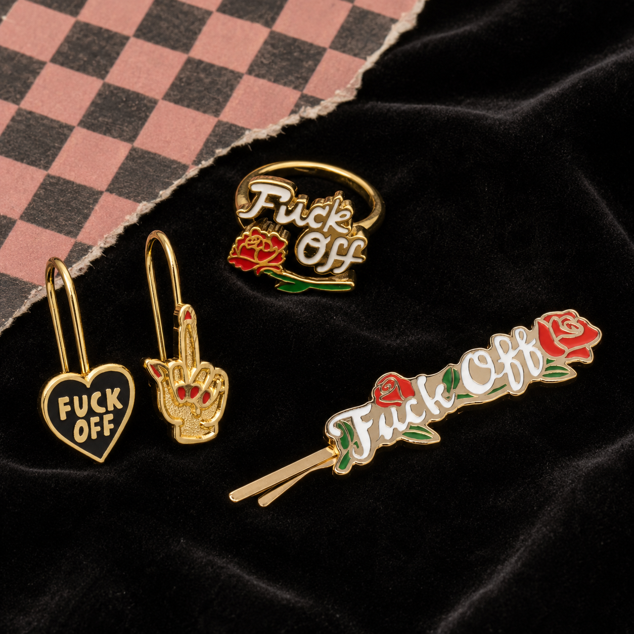 Rose Fuck Off in Style Collection | Ring, Hairpin & Earrings | Gift Packaging Included