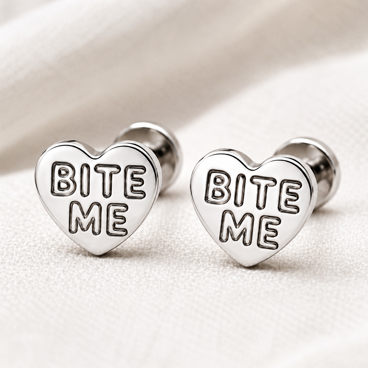 Bite Me Heart Stud Tiny Titanium Earrings with Velvet Gift Bag