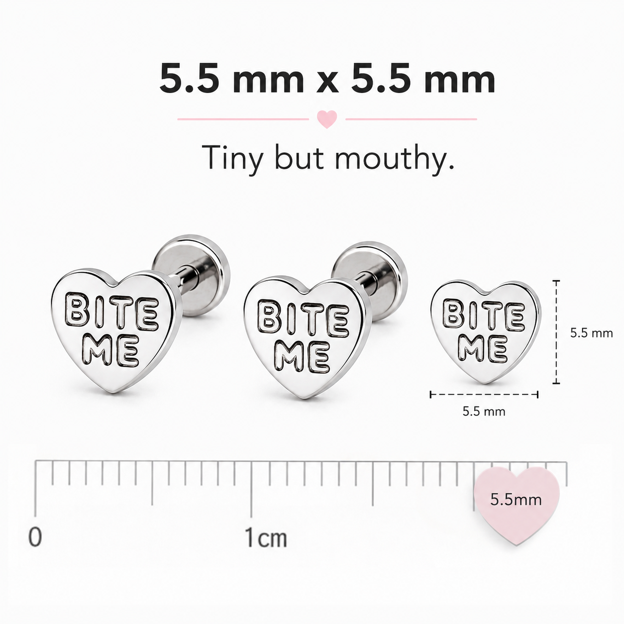 Bite Me Heart Stud Tiny Titanium Earrings with Velvet Gift Bag
