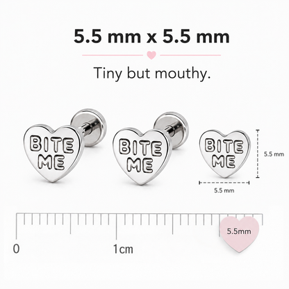Bite Me Heart Stud Tiny Titanium Earrings with Velvet Gift Bag