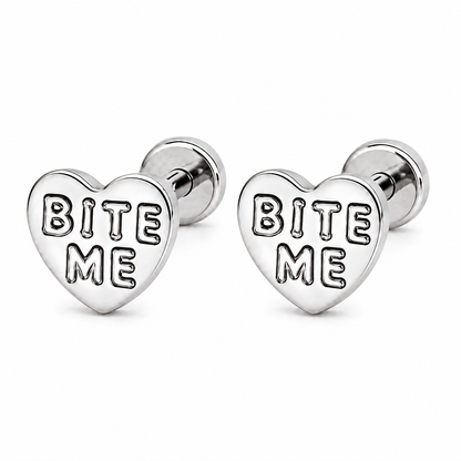 Bite Me Heart Stud Tiny Titanium Earrings with Velvet Gift Bag