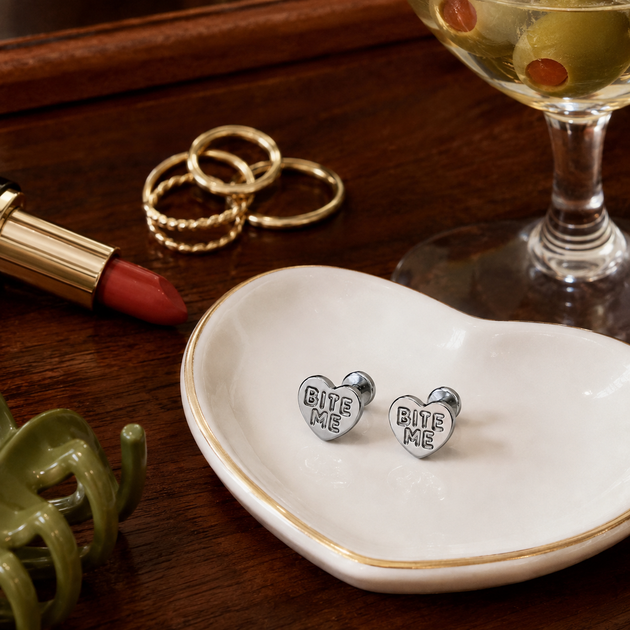 Bite Me Heart Stud Tiny Titanium Earrings with Velvet Gift Bag