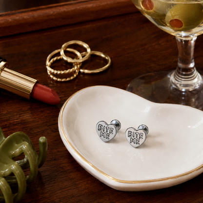 Bite Me Heart Stud Tiny Titanium Earrings with Velvet Gift Bag