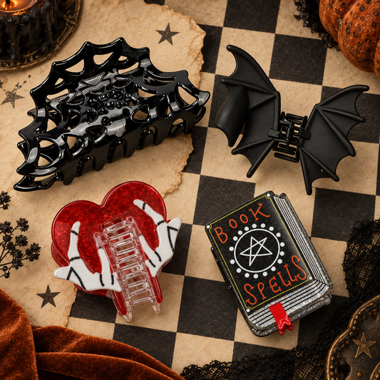 Halloween Hair Claw Clips | Bat, Spiderweb, Heart & Spell Book with Gift Packaging