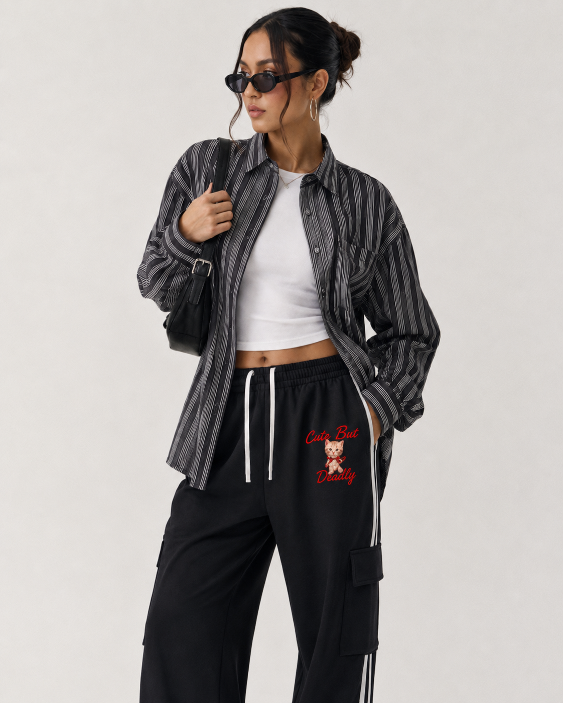 Cute But Deadly Unisex Cargo Track Pants Side Stripe Straight-Leg