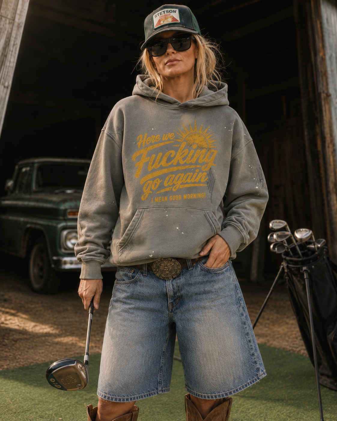 Here We Go Again Vintage Washed Frayed Fleece Unisex Hoodie