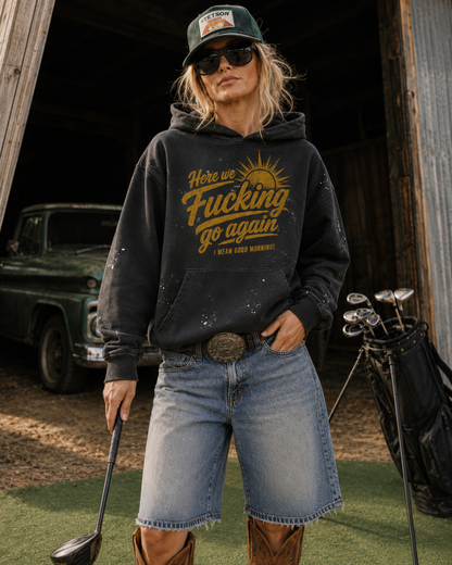 Here We Go Again Vintage Washed Frayed Fleece Unisex Hoodie