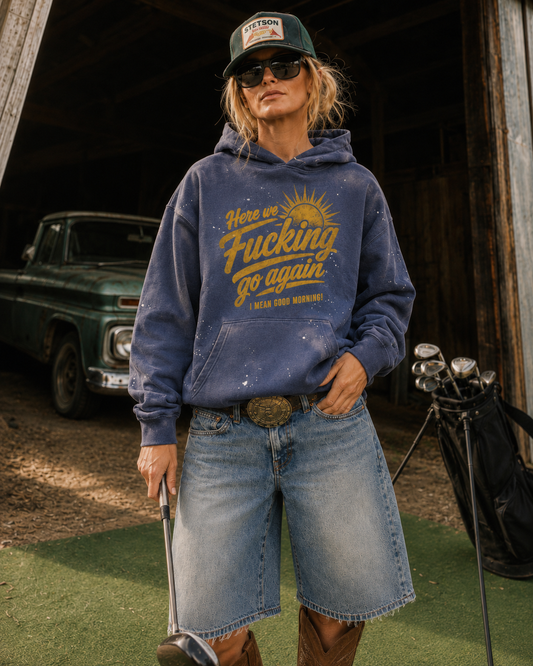 Here We Go Again Vintage Washed Frayed Fleece Unisex Hoodie