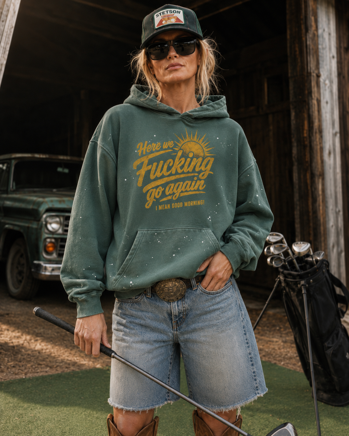 Here We Go Again Vintage Washed Frayed Fleece Unisex Hoodie