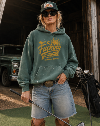 Here We Go Again Vintage Washed Frayed Fleece Unisex Hoodie
