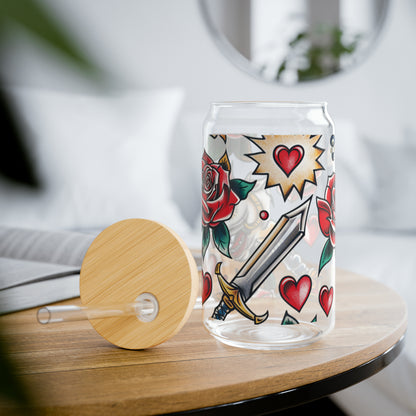 Sailor Jerry Inspired 16oz Libby Sipper Glass - Unique Vintage Tattoo Collage Design