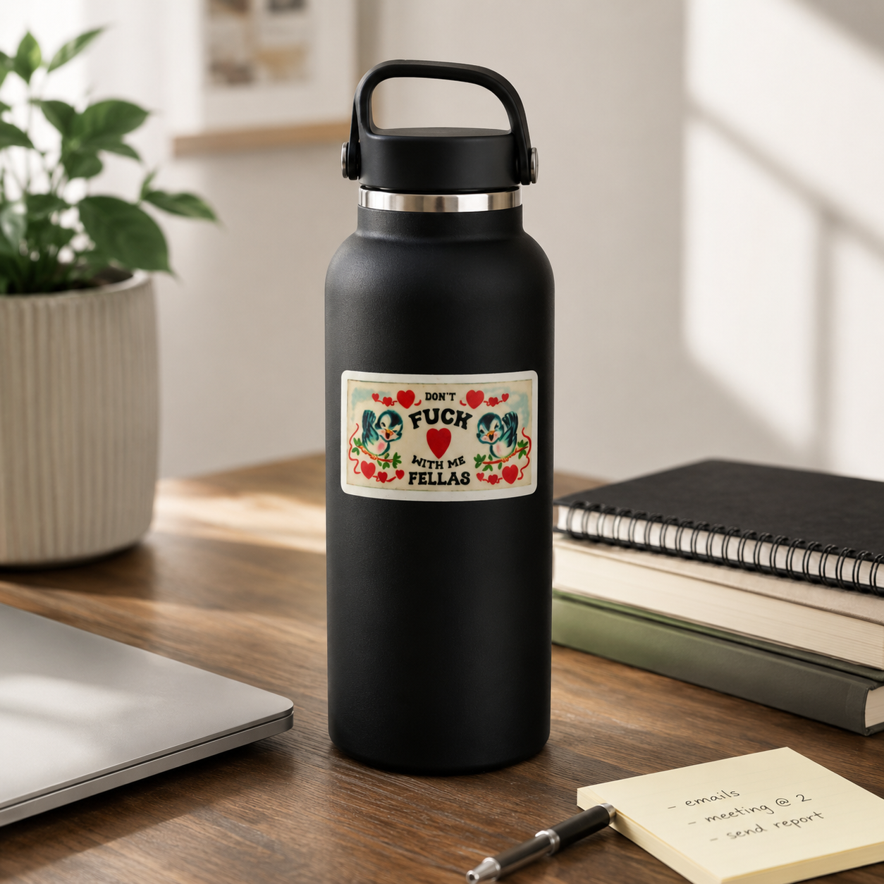 A matte black insulated water bottle with a carry loop and lid, standing on a wooden desk. The bottle has a colorful rectangular graphic sticker on the front with the text 'DON'T FUCK WITH ME FELLAS' and two illustrated girls.