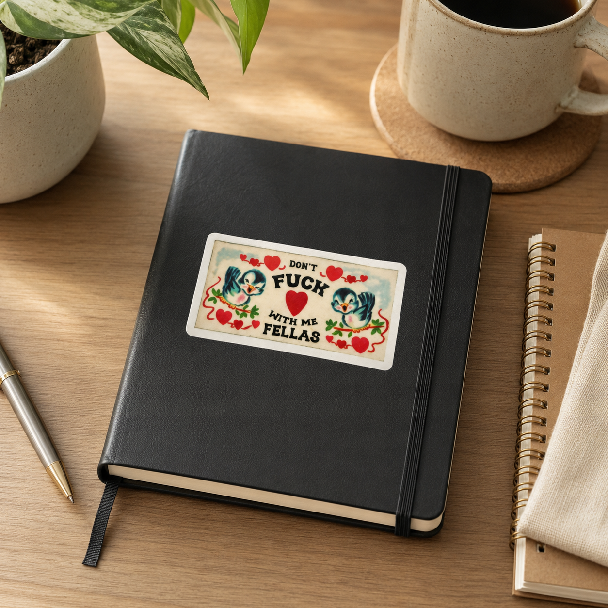 A black hardcover notebook with an elastic closure band lies on a wooden desk, featuring a rectangular sticker on the front with a retro-style illustration of two birds and the text 'DON'T FUCK WITH ME FELLAS' surrounded by red hearts. The notebook is styled in a warm, sunlit workspace setting alongside a plant, a ceramic mug, a pen, and another notebook.