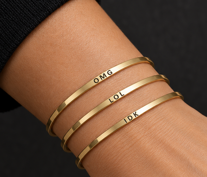 Gold Tone Engraved Thin Stackable Bangle Bracelet, OMG LOL IDK, Gift Packaging Included