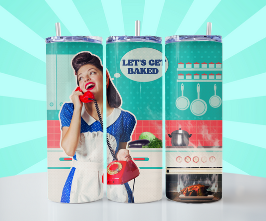 Retro 50s Housewife Cannabis Skinny Tumbler | Let's Get Baked with Matching Straw, 20oz