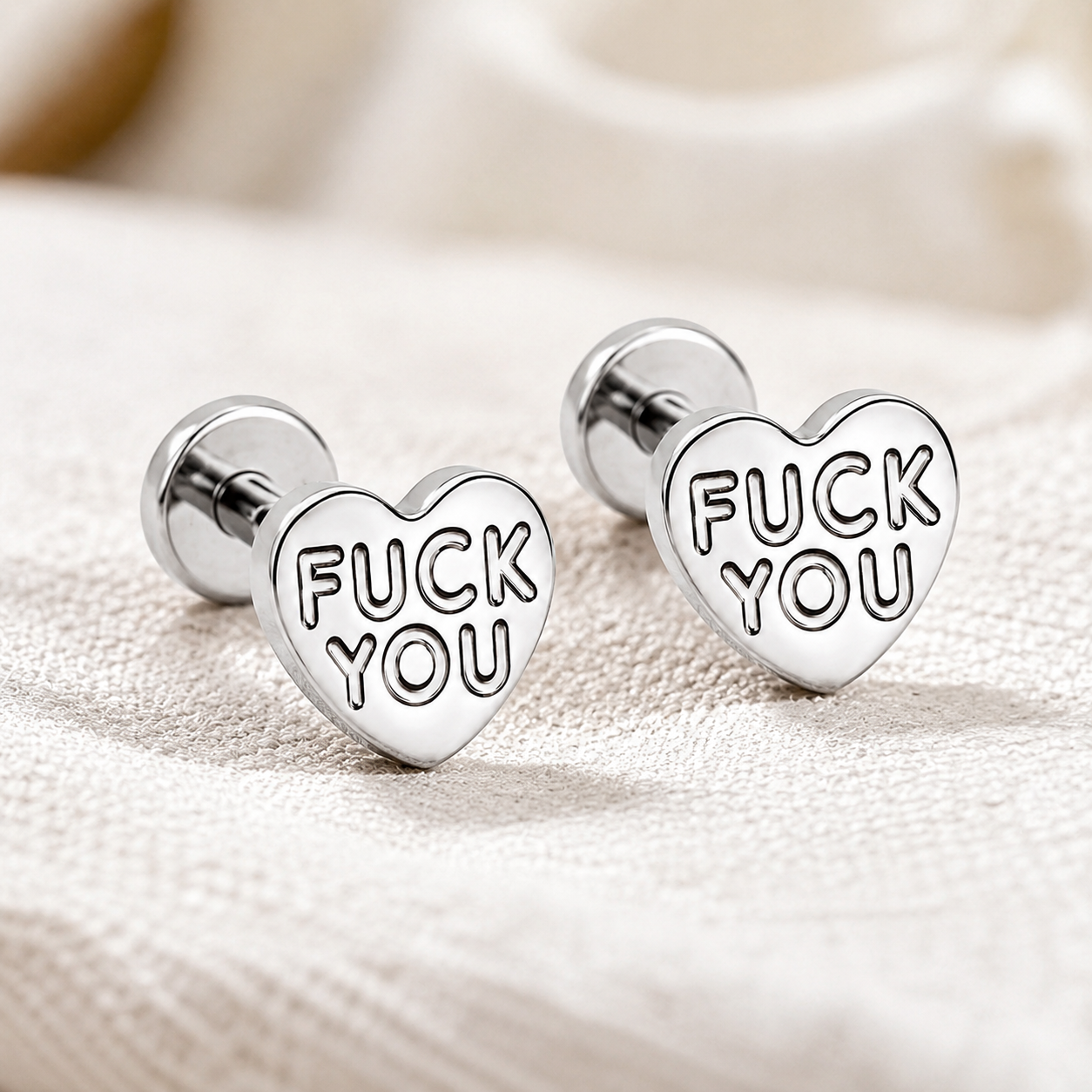 Fuck You Heart Stud Tiny Titanium Earrings with Velvet Gift Bag
