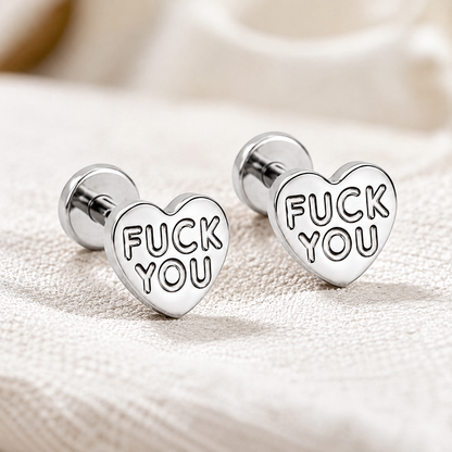 Fuck You Heart Stud Tiny Titanium Earrings with Velvet Gift Bag