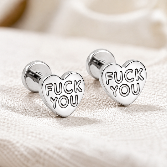 Fuck You Heart Stud Tiny Titanium Earrings 5.5 mm x 5.5 mm