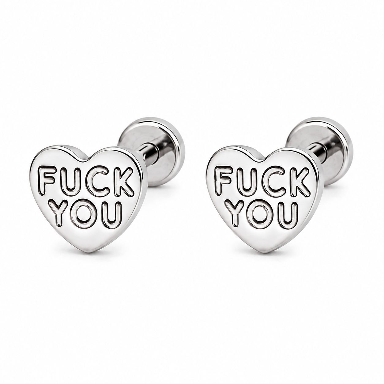 Fuck You Heart Stud Tiny Titanium Earrings with Velvet Gift Bag