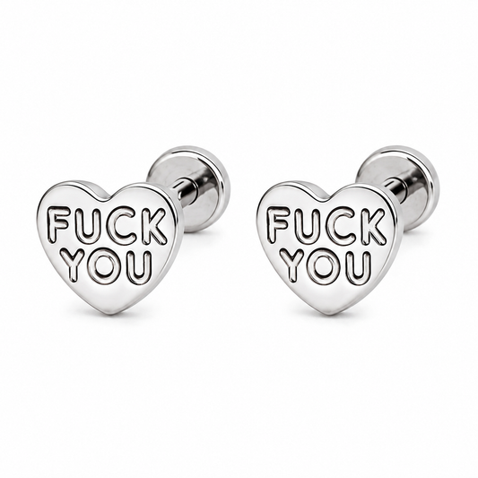 Fuck You Heart Stud Tiny Titanium Earrings with Velvet Gift Bag