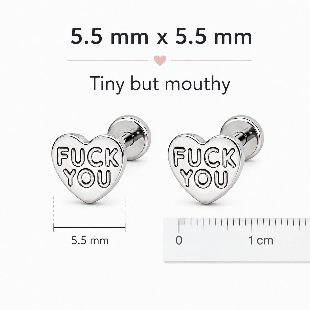 Fuck You Heart Stud Tiny Titanium Earrings with Velvet Gift Bag