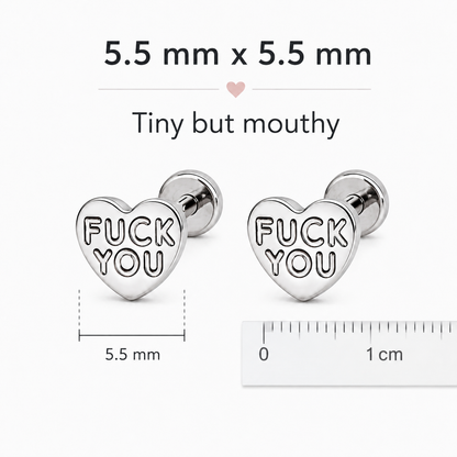 Fuck You Heart Stud Tiny Titanium Earrings with Velvet Gift Bag