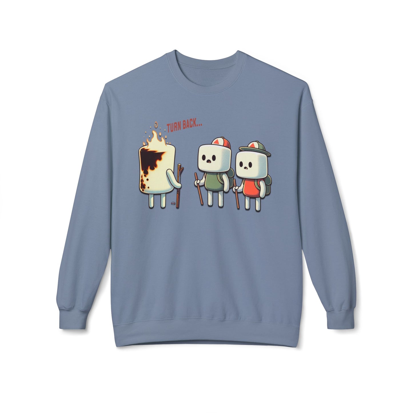 Funny Camping Unisex Sweatshirt - Marshmallow Man in Distress Design for S'mores Lovers Midweight Softstyle Fleece Crewneck