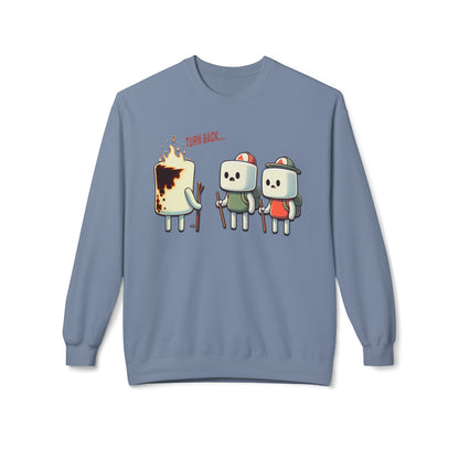 Funny Camping Unisex Sweatshirt - Marshmallow Man in Distress Design for S'mores Lovers Midweight Softstyle Fleece Crewneck