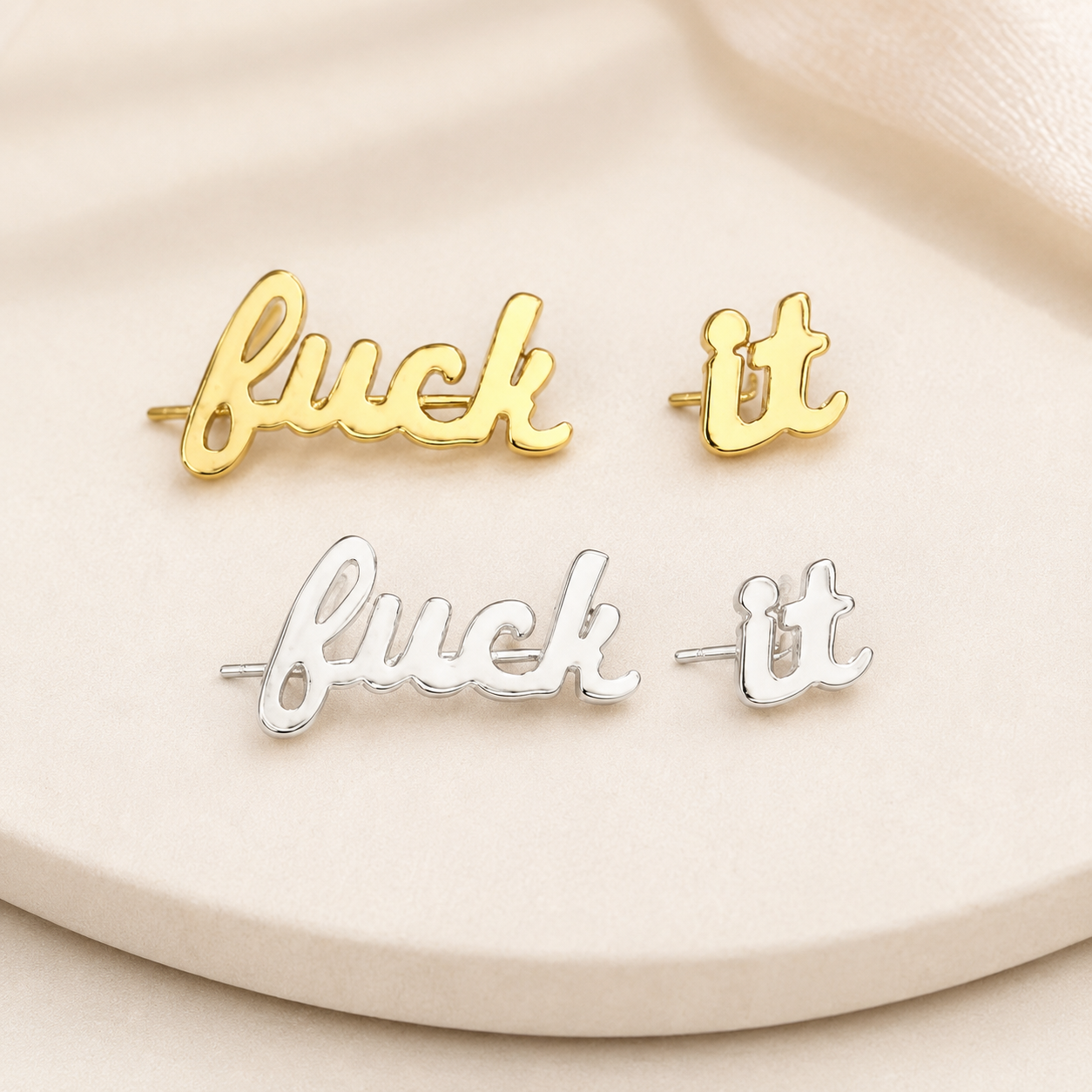 Fuck It Script Stud Earrings Gold & Silver with Black Velvet Gift Bag