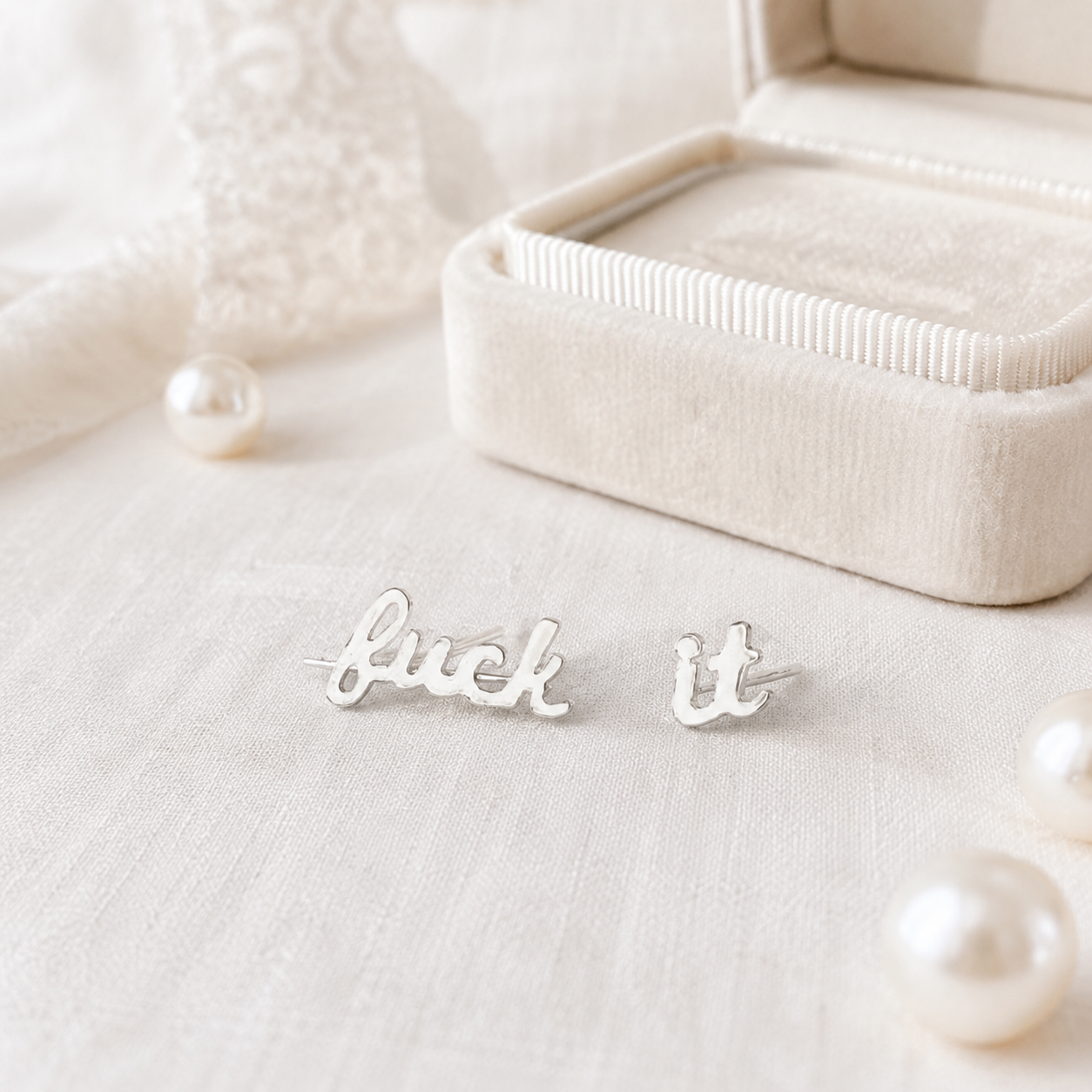 Fuck It Script Stud Earrings Gold & Silver with Black Velvet Gift Bag