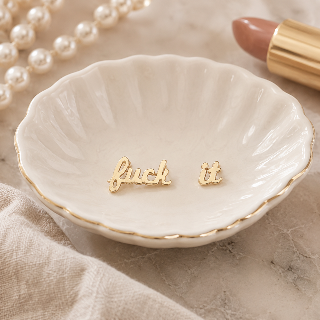Fuck It Script Stud Earrings Gold & Silver with Black Velvet Gift Bag