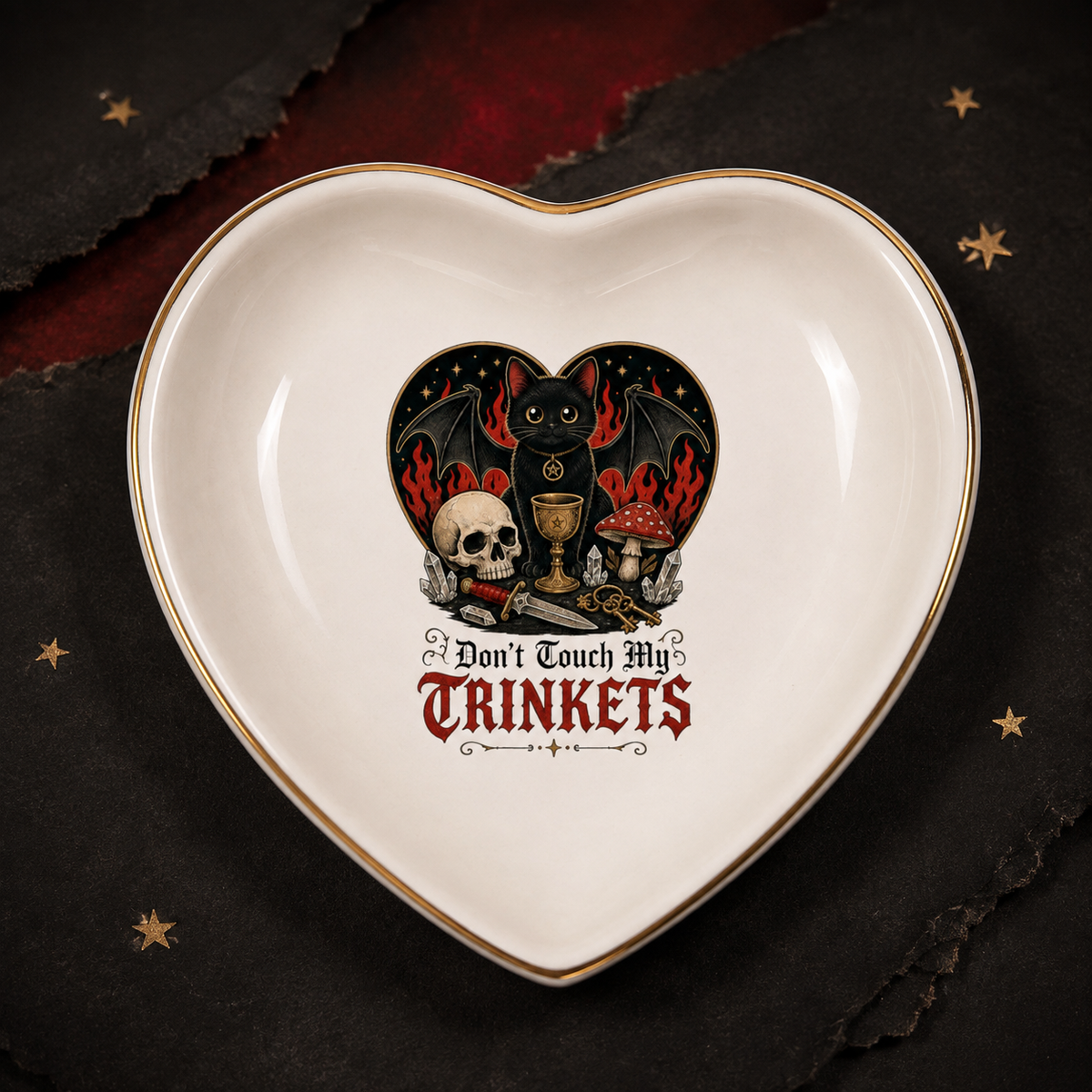 Don’t Touch My Trinkets Gothic Black Cat Heart Dish