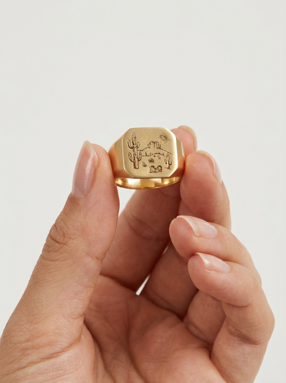 Gold Cactus Desert Signet Western Ring with Velvet Gift Bag