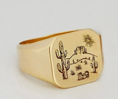 Gold Cactus Desert Signet Western Ring with Velvet Gift Bag
