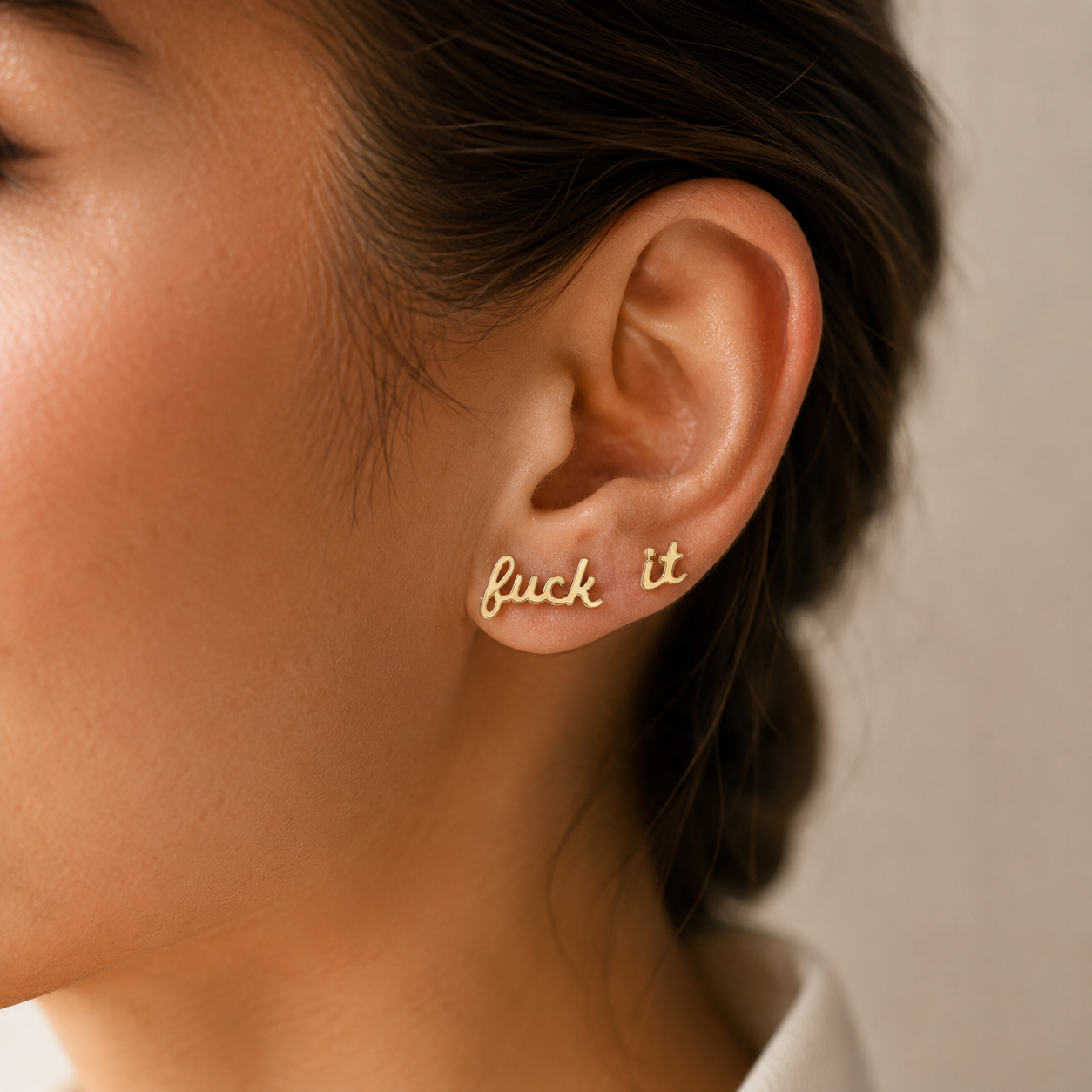 Fuck It Script Stud Earrings Gold & Silver with Black Velvet Gift Bag